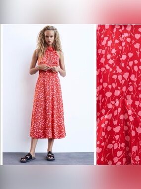Zara satin Red Midi Dress with Pink Floral Print